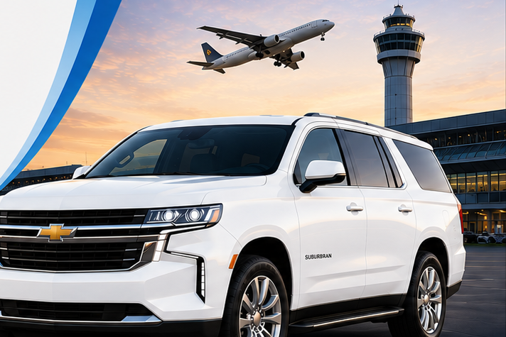 Tony's Airport Rides white Chevrolet Suburban at the airport at sunset